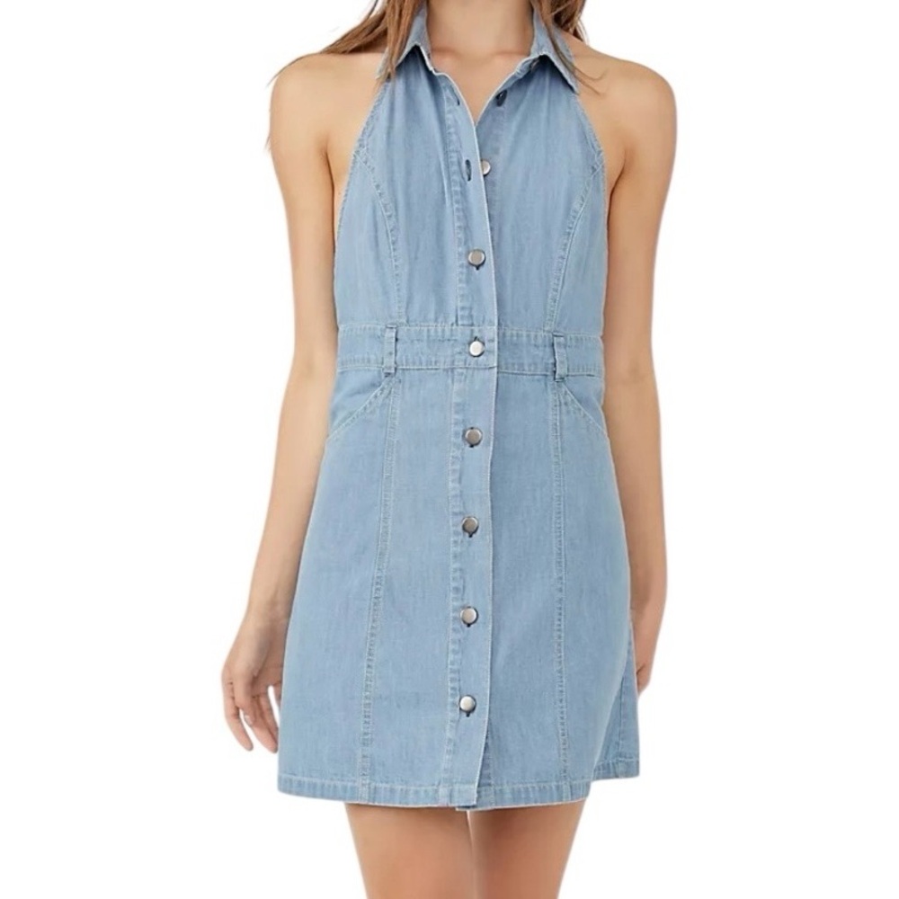 Free People Sami Denim Halter Mini Dress Bali Blue Size Medium NWT‎